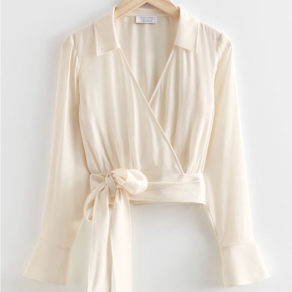 & OTHER STORIES Wrap Cream Belted Long Sleeve Viscose Tie Blouse Top